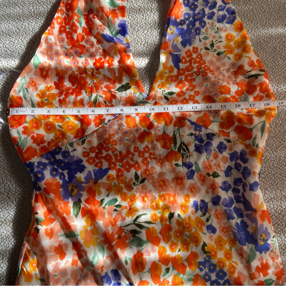 NWOT Lulus Bold Presence Orange Multi Floral Satin Halter Midi Dress - Picture 3 of 10